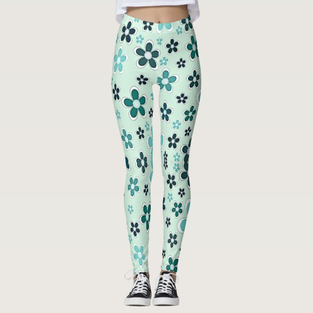Leggings Fleur verte et bleue sur arrière - plan vert clair (Devant)