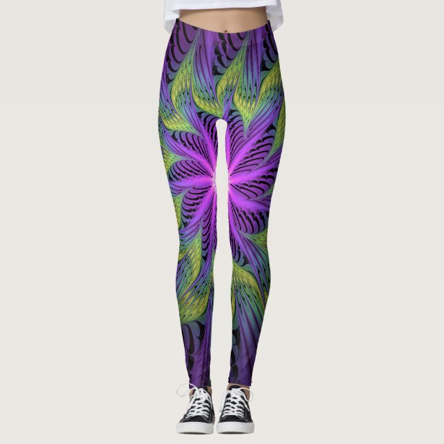 Leggings Fleur verte violette Art abstrait fractal moderne (Devant)