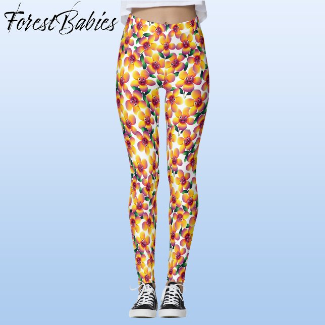Leggings Fleur 🌼 Whimsical mignon Fun Floral Design Motif (Silly Flower Pattern, ForestBabies Leggings, Front)