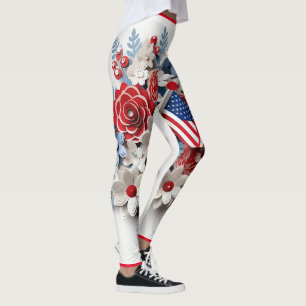 Leggings Fleurs 3D Bleues Rouges Blancs Patriotique