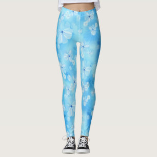 Leggings Fleurs à l'aquarelle bleu ciel pâle - blanc répété