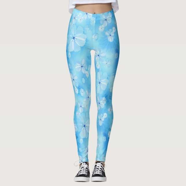 Leggings Fleurs à l'aquarelle bleu ciel pâle - blanc répété (Devant)