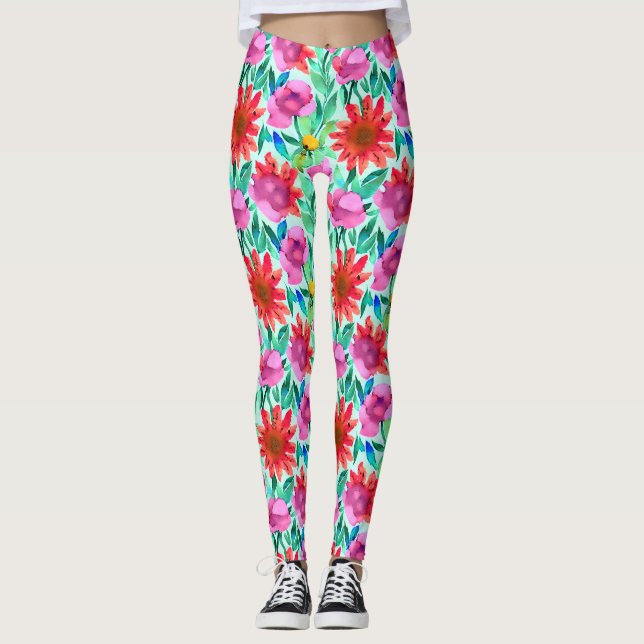 Leggings Fleurs à l'aquarelle en sarcelle, rouge et rose (Devant)