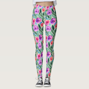 Leggings Fleurs à l'aquarelle en violet, rose et vert
