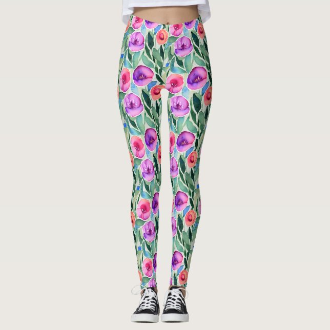 Leggings Fleurs à l'aquarelle en violet, rose et vert (Devant)