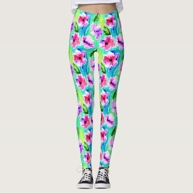 Leggings Fleurs à l'aquarelle verte, rose et bleue (Devant)