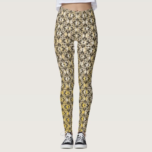 Leggings Fleurs à motifs gris, noir et or (Devant)