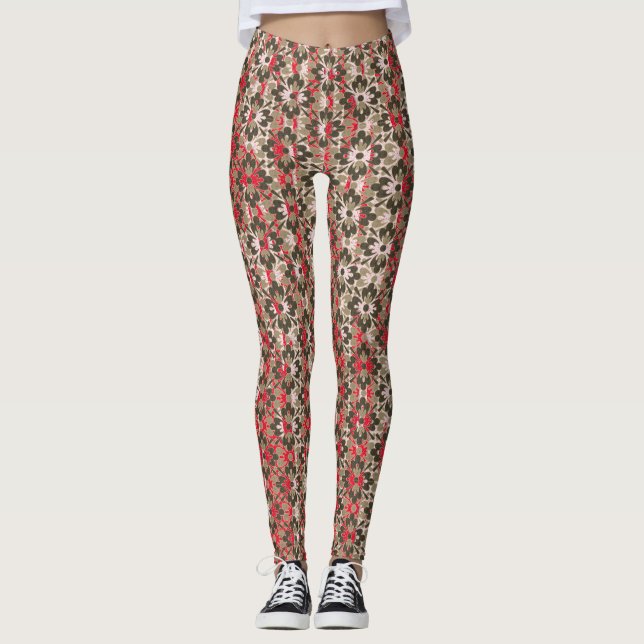 Leggings Fleurs à motifs gris, rouge et noir (Devant)