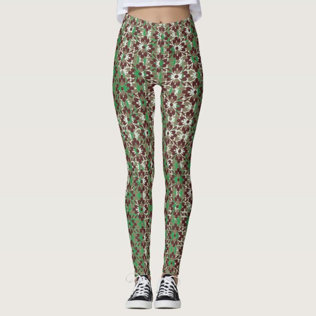 Leggings Fleurs à motifs gris, rouge et vert (Devant)