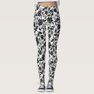 Leggings Fleurs à rayures noir et gris