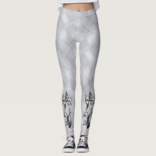 Leggings Fleurs Abstraites blanches et noires brillantes su (Devant)