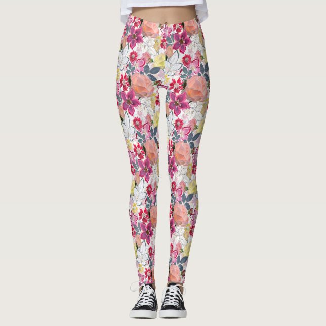 Leggings Fleurs aquarelles roses, rouges. serviettes (Devant)
