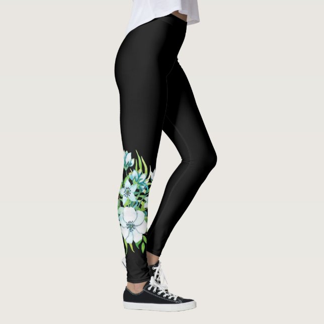 Leggings fleurs blanches corsage feuille nature floral noir (Droite)