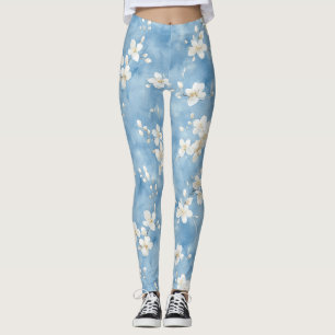 Leggings Fleurs blanches jolies bleu ciel
