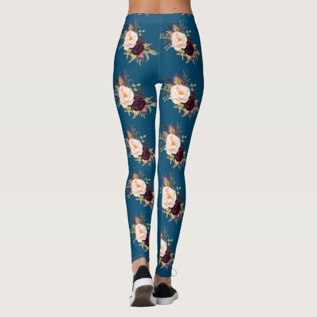 Leggings Fleurs bleues bordeaux Motif bleu océan (Dos)