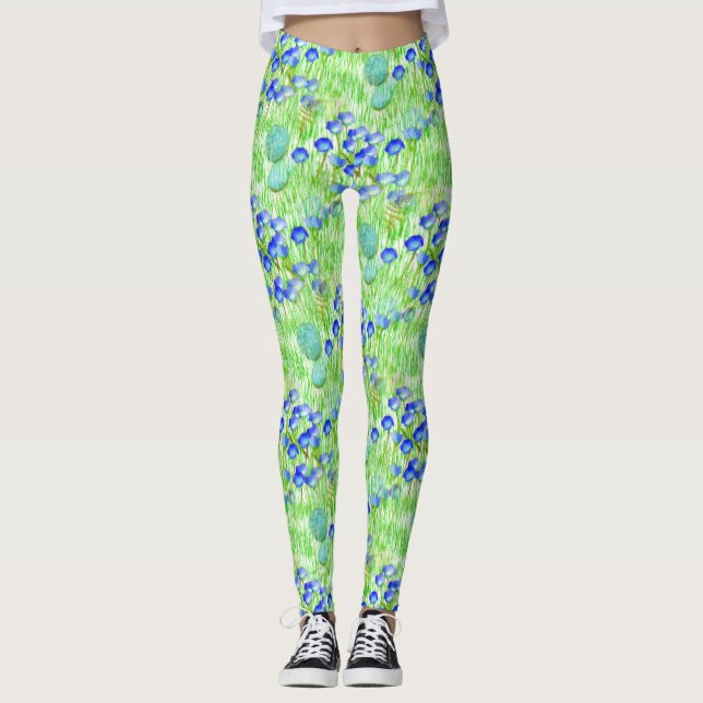 Leggings Fleurs Bleues Et Grass Motif D'Art Naturel (Devant)