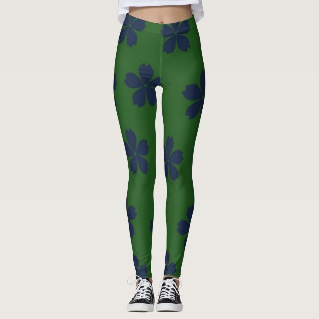 Leggings Fleurs bleues sur arrière - plan verdâtre (Devant)