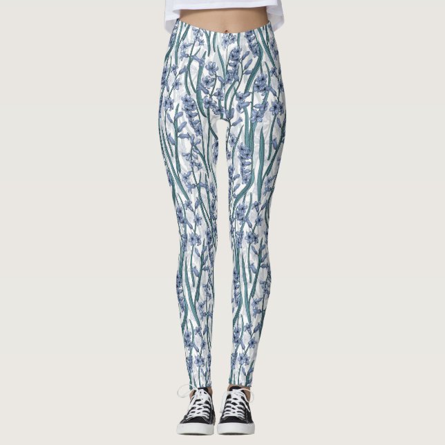Leggings Fleurs Blue Hyacinth sur blanc (Devant)