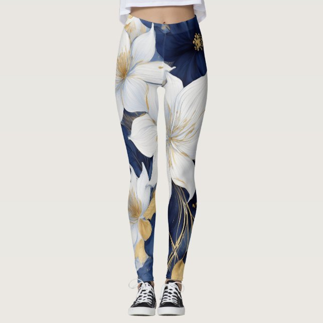Leggings Fleurs botaniques bleues marine et blanches (Devant)