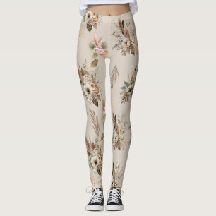 Leggings Fleurs botaniques florales beige boho rose vert