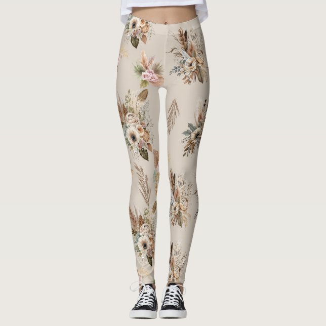 Leggings Fleurs botaniques florales beige boho rose vert  (Devant)