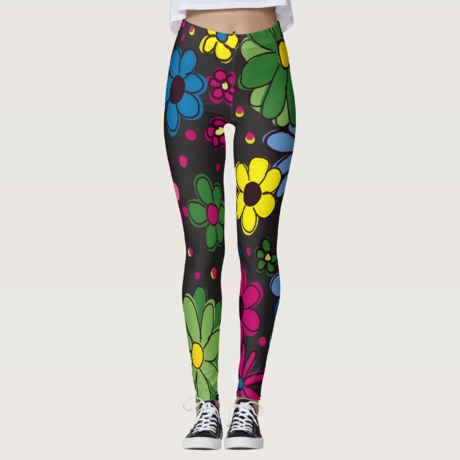 Leggings Fleurs colorées mignonnes sur le noir (Devant)