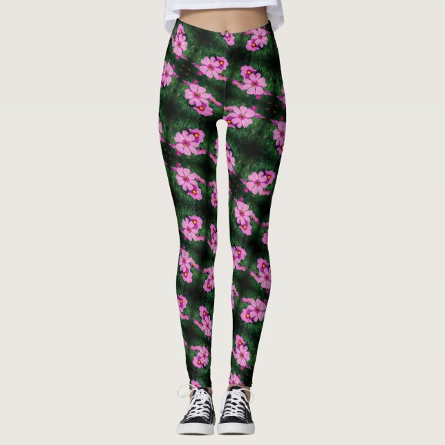 Leggings Fleurs Cosmos rose Motif Abstrait (Devant)