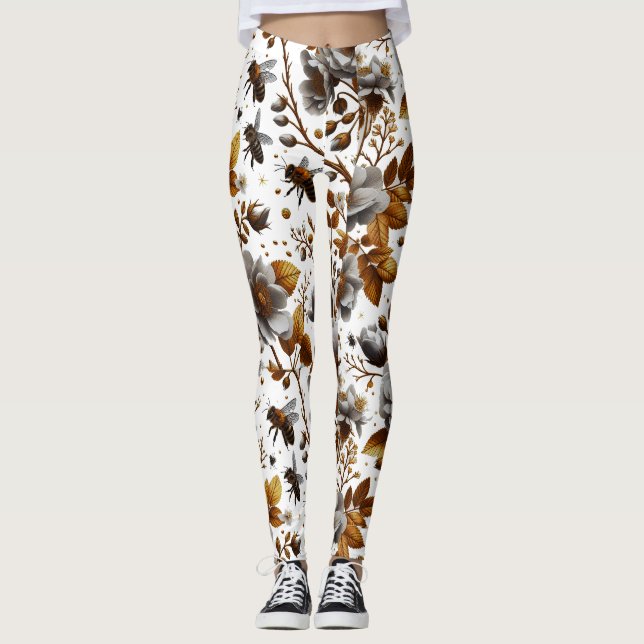 Leggings fleurs d'abeilles miel et art motif feuille (Devant)