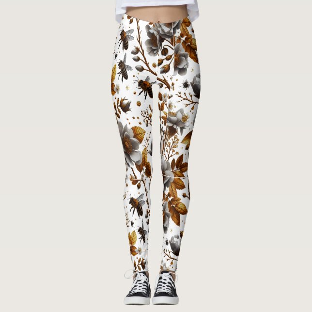 Leggings fleurs d'abeilles miel et art motif feuille (Devant)