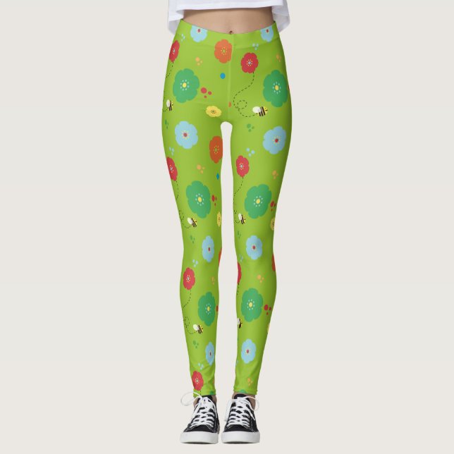 Leggings Fleurs d'abeilles vert jaune (Devant)