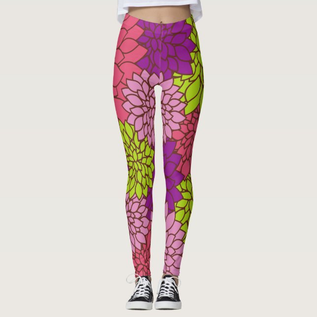 Leggings Fleurs Dahlia, Fleurs Colorées, Motif Floral (Devant)