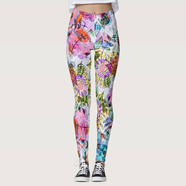 Leggings Fleurs d'aquarelle feuille multicolore pastel clai (Devant)