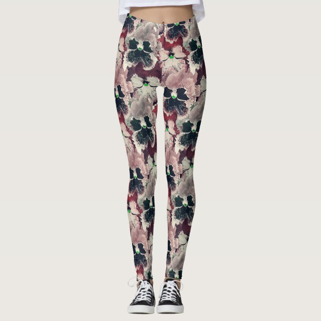 Leggings Fleurs d'aquarelle rose, bordeaux (Devant)