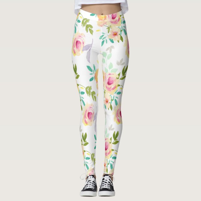 Leggings Fleurs d'aquarelle rose jaune (Devant)