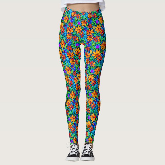 Leggings Fleurs d'art populaire colorées vives (Devant)