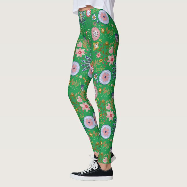 Leggings Fleurs d'art populaire Whimsical sur vert (Gauche)