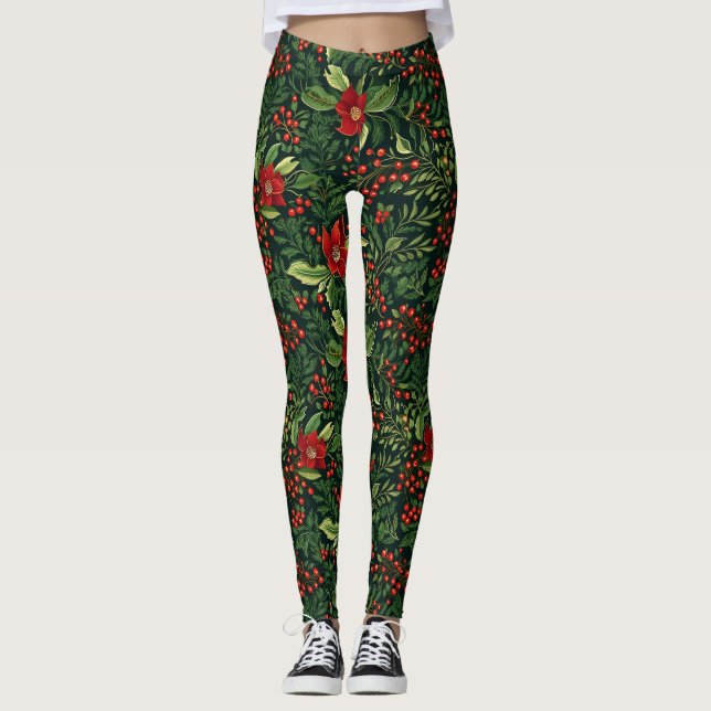 Leggings Fleurs de baies de Noël (Devant)