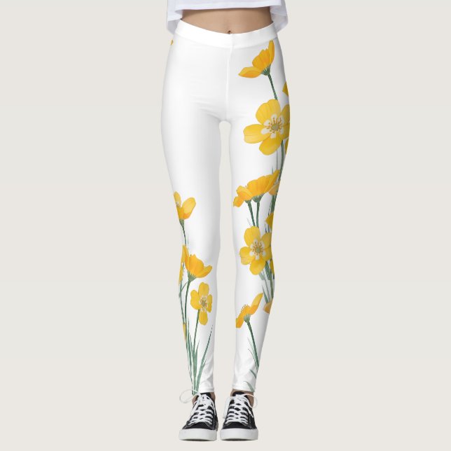 Leggings Fleurs de boutons d'or peints à l'aquarelle (Devant)