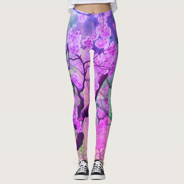 Leggings Fleurs de cerisier japonaises roses sur ajusté per (Devant)