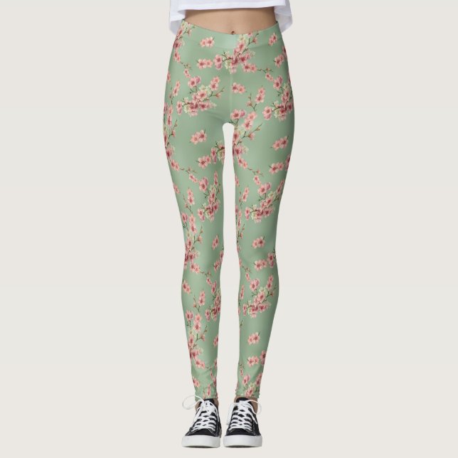 Leggings Fleurs de cerisiers en rose et Turquoise (Devant)