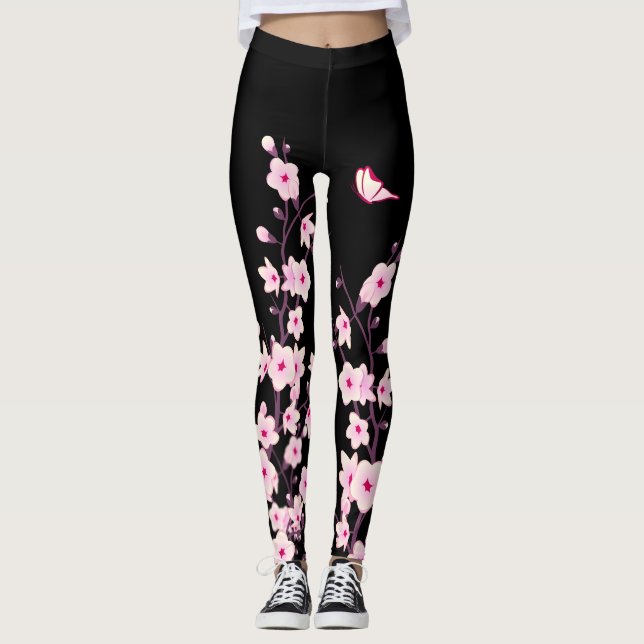 Leggings Fleurs de cerisiers | Floral rose noir (Devant)