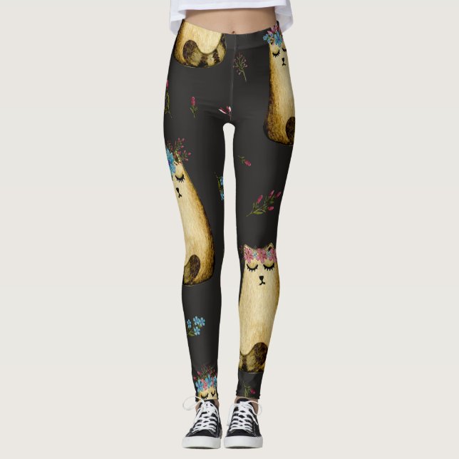 Leggings Fleurs de chats mignons Motif d'aquarelle (Devant)