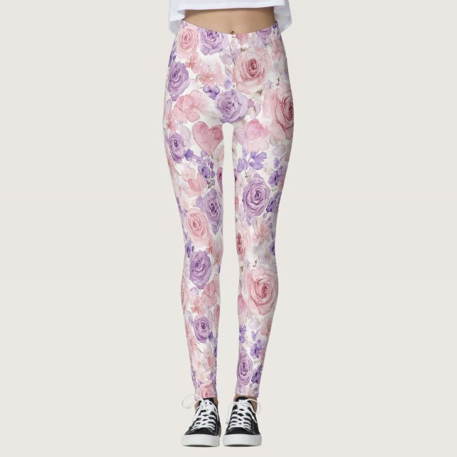 Leggings Fleurs de cœurs de teint rose violet  (Devant)