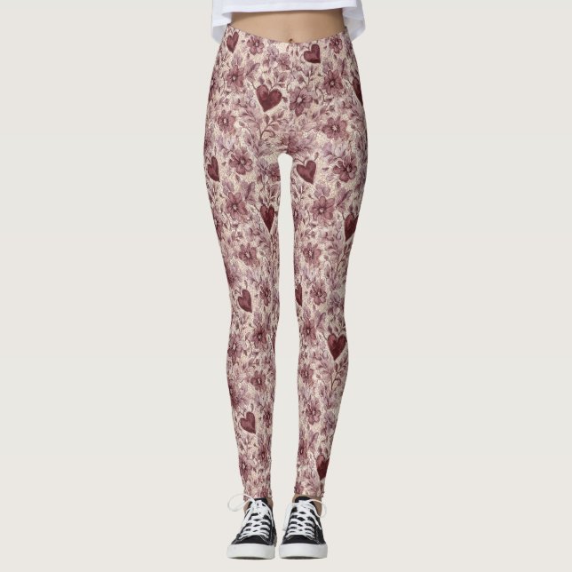 Leggings Fleurs de coeurs rouges de Bourgogne à la crème (Devant)