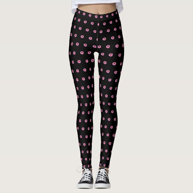 Leggings "Fleurs de cônes roses" en noir - (Devant)