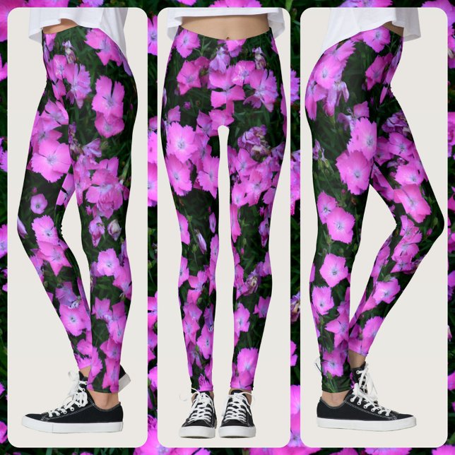 Leggings Fleurs de Dianthus Rose Clair et Floral Vert (Créateur téléchargé)