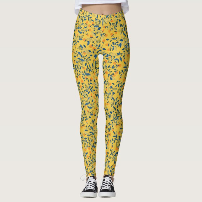 Leggings Fleurs de gribouillis en bleu et jaune (Devant)
