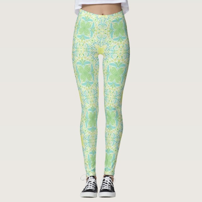 Leggings Fleurs de jardin rétro en vert et jaune (Devant)