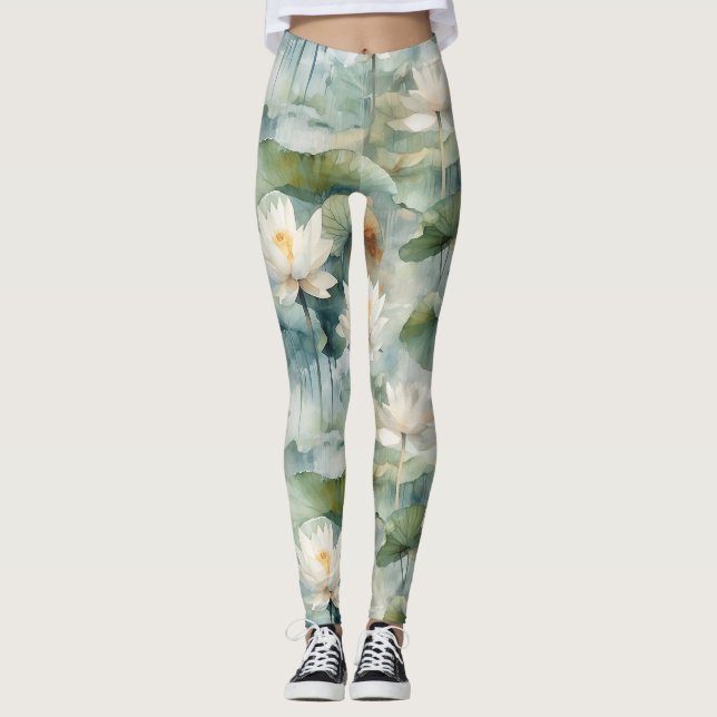 Leggings Fleurs de Lotus Verts Sérénité (Devant)