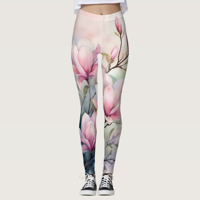 Leggings Fleurs de magnolia rose botanique monogrammées (Devant)